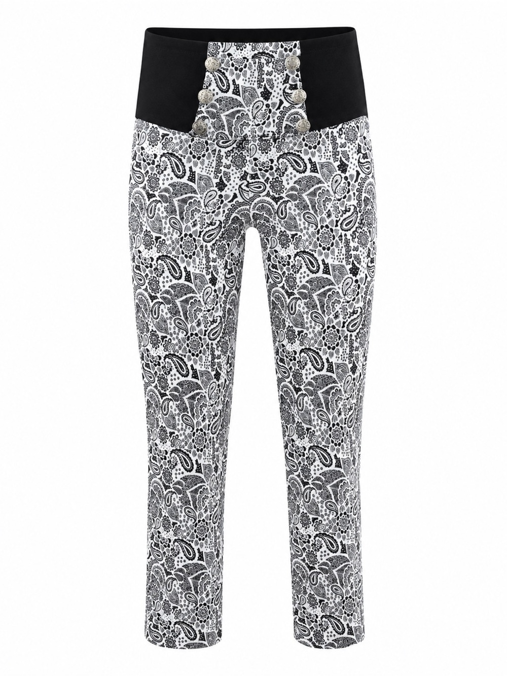 Black & White Paisley Print High-Waisted Pants With Decorative Silver Buttons Si